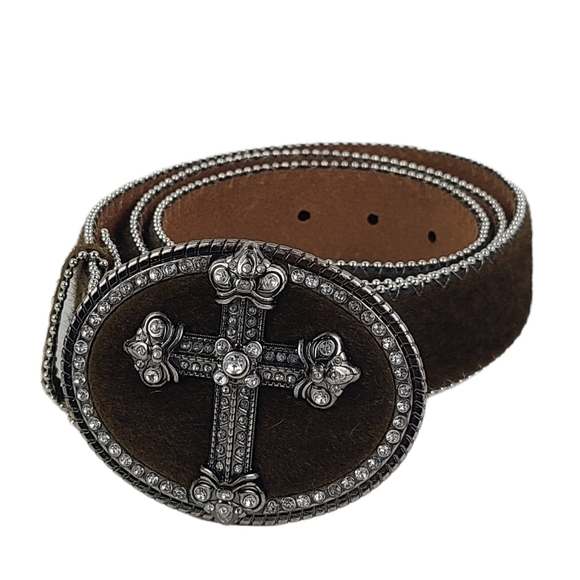 Calf Hair Belt‎ Rhinestone Cross Buckle Belt Large - Picture 1 of 4